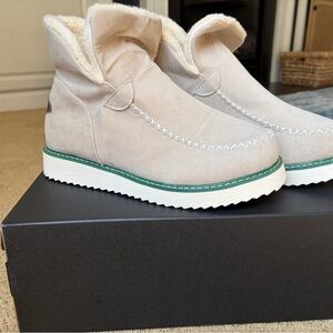 Cozy Cream Suede Shearling Ankle Bootie with Green-Trim Sole